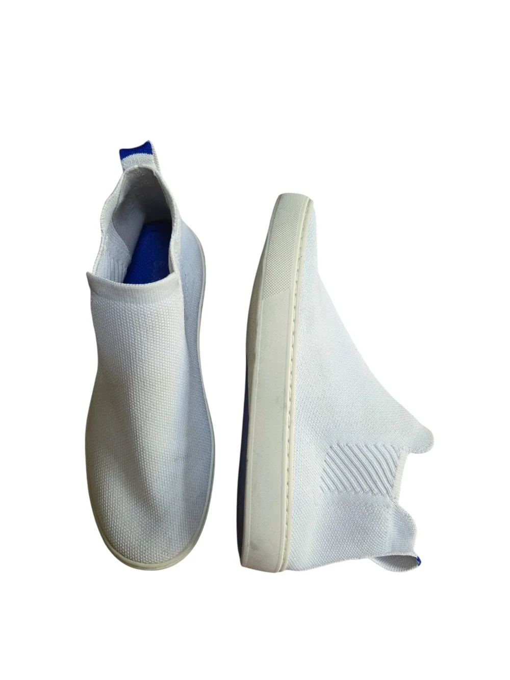 Rothy's White Slip-On Knit High-Top Sneaker with Blue Pull Tab Size 7.5